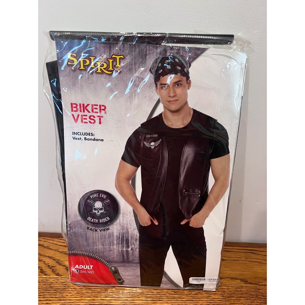 Spirit Halloween Biker Vest Adult Costume Black Vest‎ and Bandana SM/MD